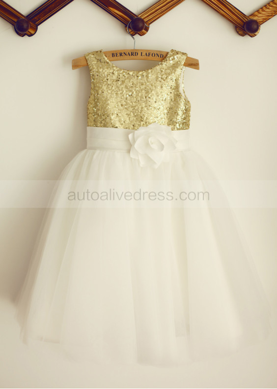 Gold Sequin Tulle Knee Length Flower Girl Dress